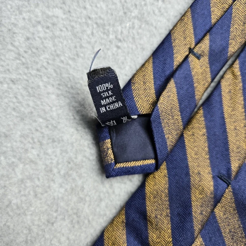 Paul Fredrick Tie Mens One Size Navy Gold Striped 100%‎ Silk Herringbone Classic
